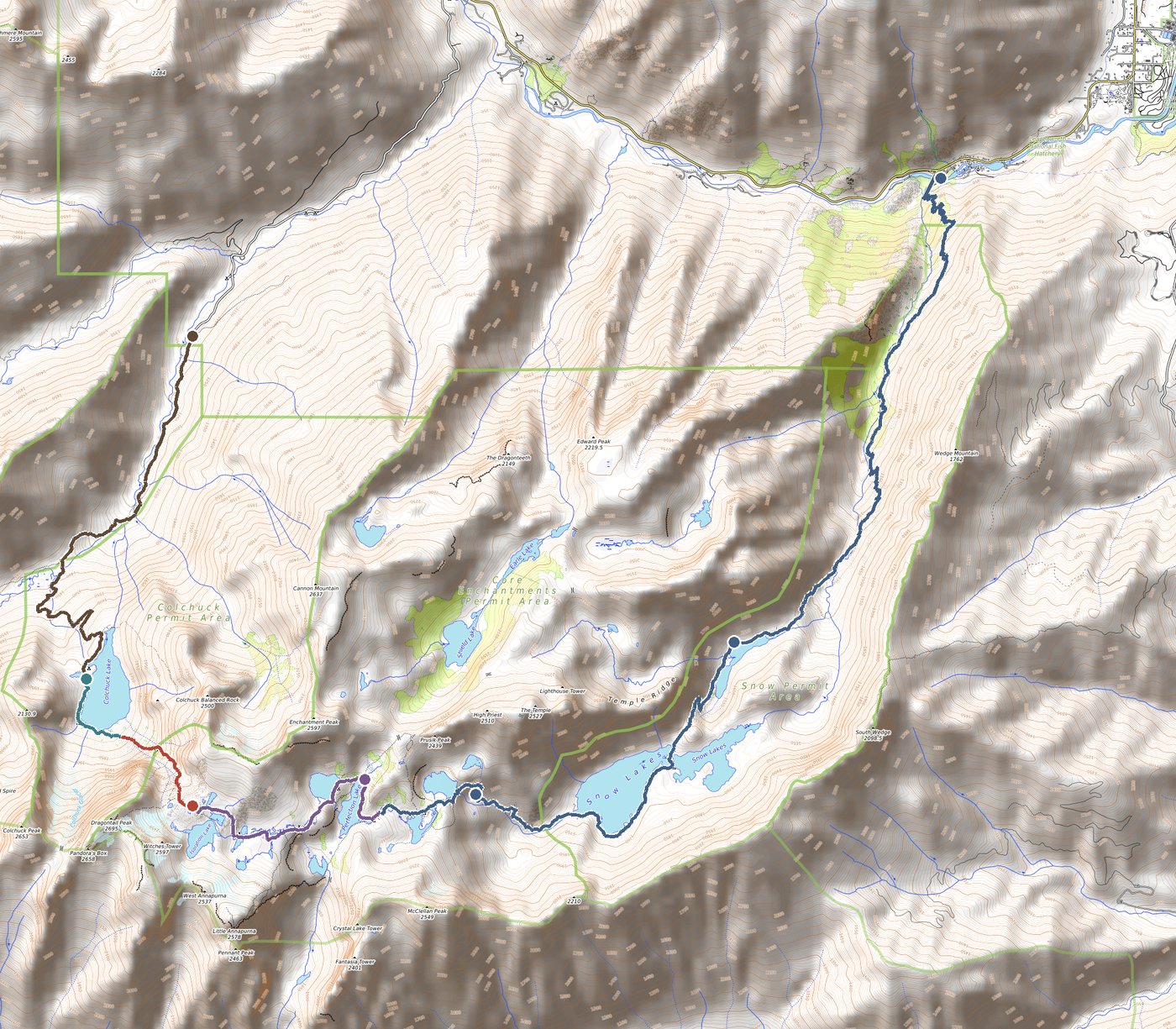 Topographic relief map of the Enchantments traverse, with colored trail segments overlaid on OpenTopoMap contour basemap